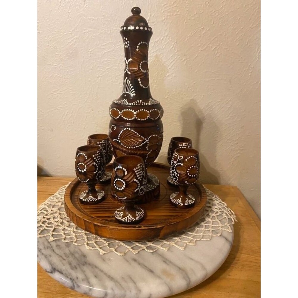 Vintage Hand-Carved Wooden Decanter Set